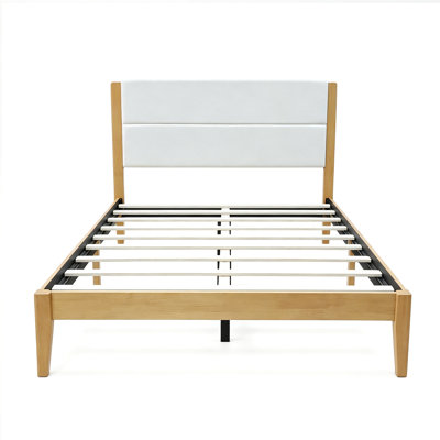 Structure plateforme Mid-Century moderne Olessia avec tête de lit tapissier, support de lattes en bois massif, aucun sommier requis, assemblage facile