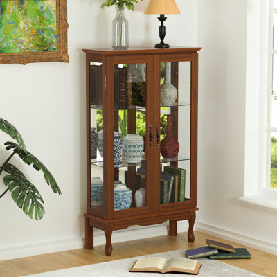 44'' H Lighted Retro China Cabinet, With 2 Tempered Glass Doors And 3-Tier Curio Cabinet Display Cabinet 