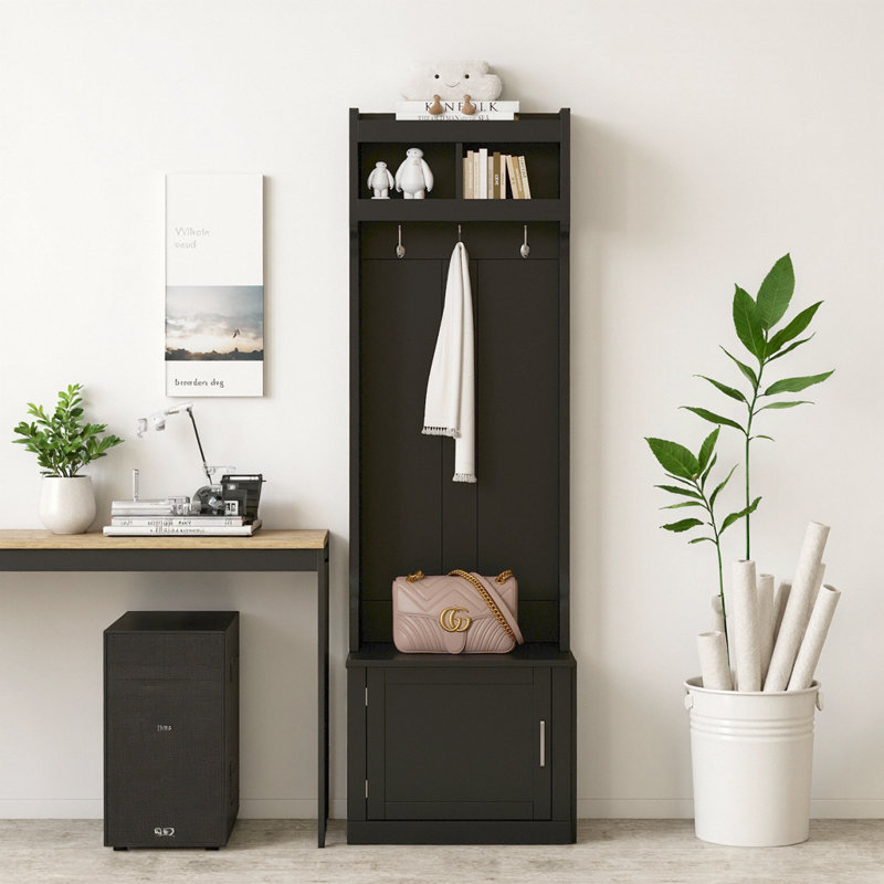 Arbre d'entrée minimaliste avec armoire et 6 crochets - Banc de rangement compact pour vestibule, vestibule ou salon, noir