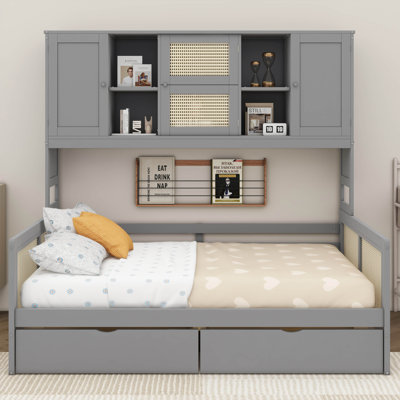 Lit de jour polyvalent en bois avec 2 tiroirs, une armoire et une tablette