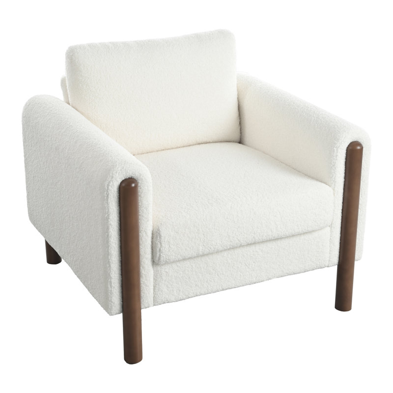 Elara Modern Oversized Upholstered Accent Chair with Curved Handrail and Wooden Legs, White Teddy, 1