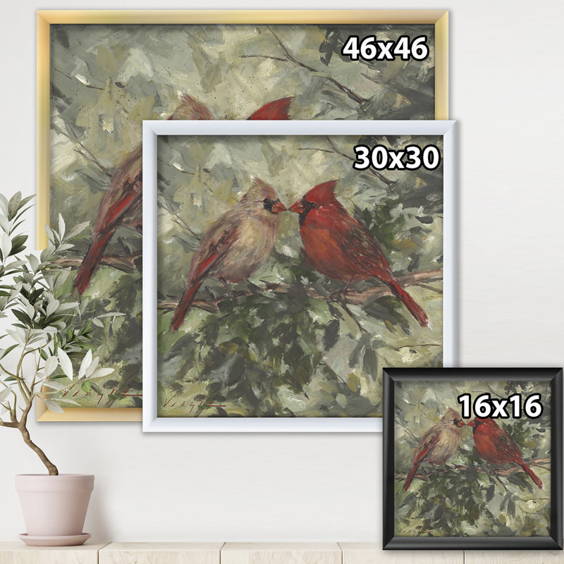 Kissing Cardinals - Reproduction de photo sur toile, H 16 po x l 16 po x P 1 po, Cadre argenté