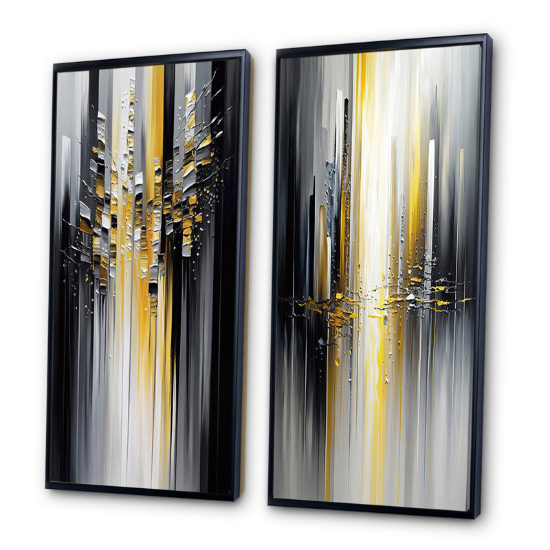 "Abstrait géométrique noir et jaune I", 2 pièces sur toile, Cadre noir, H 40 po x l 40 po
