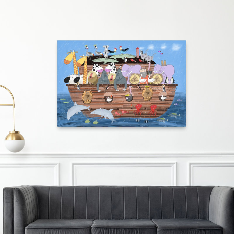 L'aventure de l'Arche de Noé - Affiche murale abstraite contemporaine représentant un oiseau, une vache, un crabe et la faune marine