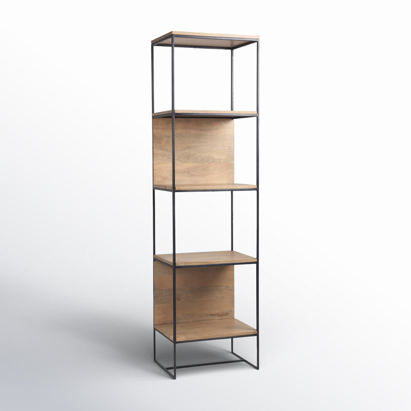 Beige and Black Wood and Iron Narrow Etagere Bookcase