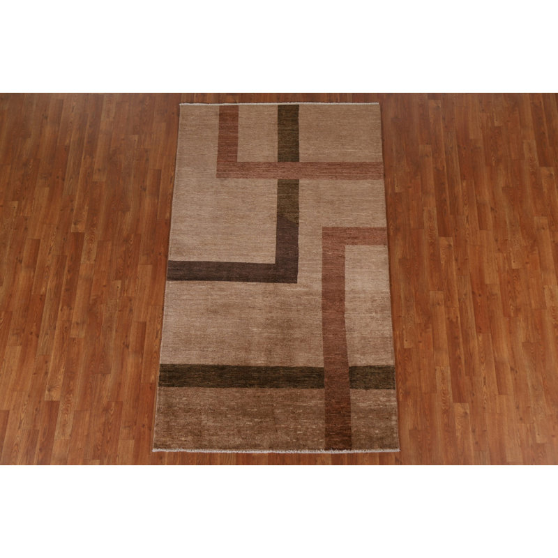 Tapis unique en laine noué à la main brun / beige nouvel âge 4 pi 4 po x 7 pi 2 po