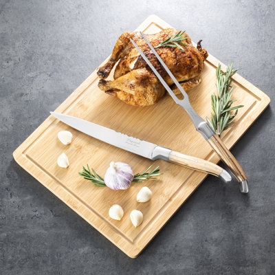 French Home Laguiole Connoisseur 2 Piece Olive Wood Carving Knife and Fork Set and Bamboo Cutting Board With Moat