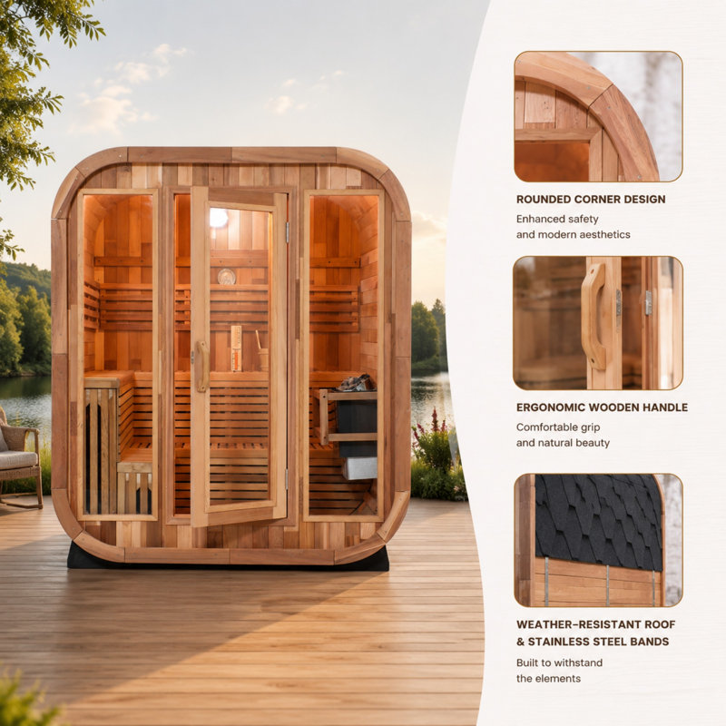 4-6 Person Outdoor Red Cedar Sauna Cabin with 9kW Heater, Square Backyard Home Spa