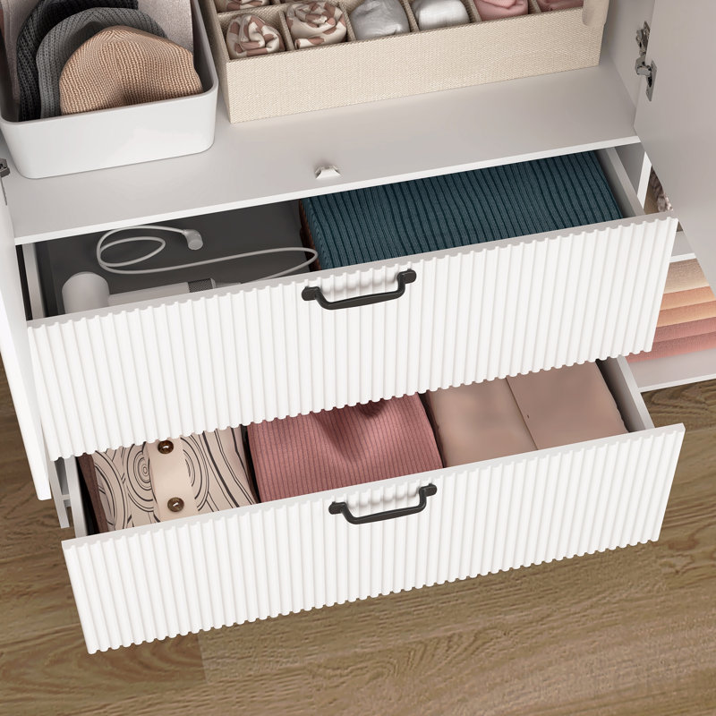 Armoire 4 portes avec miroir, armoire à DEL avec portes et 2 tiroirs, armoire de rangement en bois avec tringle, tablettes réglables, blanc