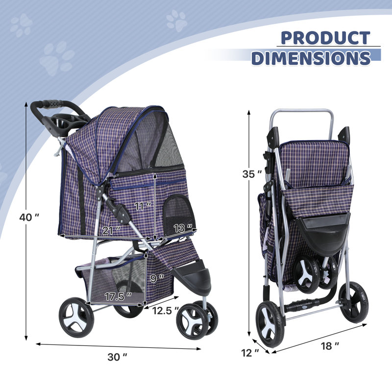 Plaid Foldable Dog Stroller with Storage and Cup Holder
