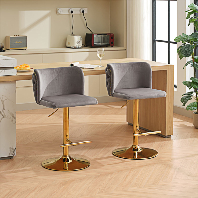 wendeway ,Swivel Barstools Adjusatble Seat Height With Gold-plating Base, Classic Velvet Upholstered Bar Stools with the whole Back Tufted (Set of 2)