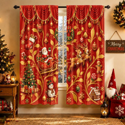 2Pcs Christmas Santa Sleigh Reindeer Snowman Pattern Curtains Light Filtering Rod Pocket Window Drapes For Living Room Bedroom Kitchen Patio Decor