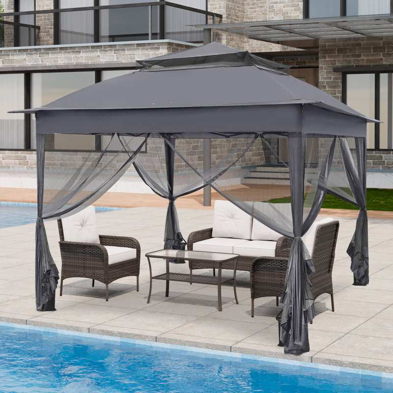 11 Ft. W x 11 Ft. D Outdoor Pop Up Soft Top Steel Patio Gazebo with Netting, Dark Gray