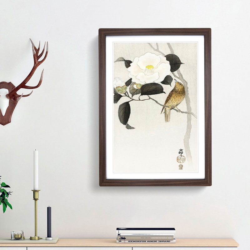 Songbird & Flowering Camellia by Ohara Koson - Picture Frame Painting Print, Walnut Framed, 48cm H x 36cm W x 2cm D