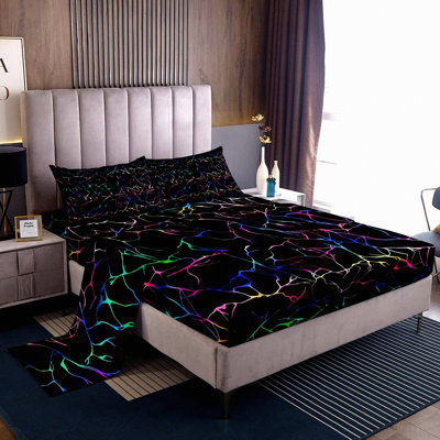 Iridescent Marble Glow Bedding Set - Multicolor Metallic Sheets, Gradient Glitter Fitted Sheet, Colorful Marble Home Decor - Queen Size