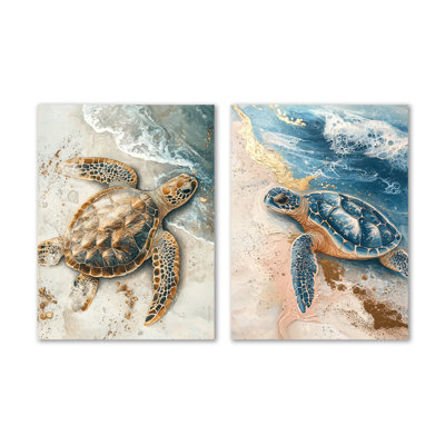 Golden Turtle Trails on the Beach I – Brown Ocean 2 Piece Metal Wall Art Prints