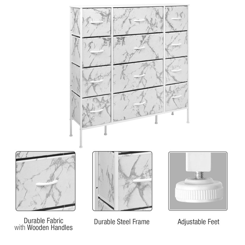 Sorbus White 12-Drawer Vertical Dresser with Marble Print Fabric Bins