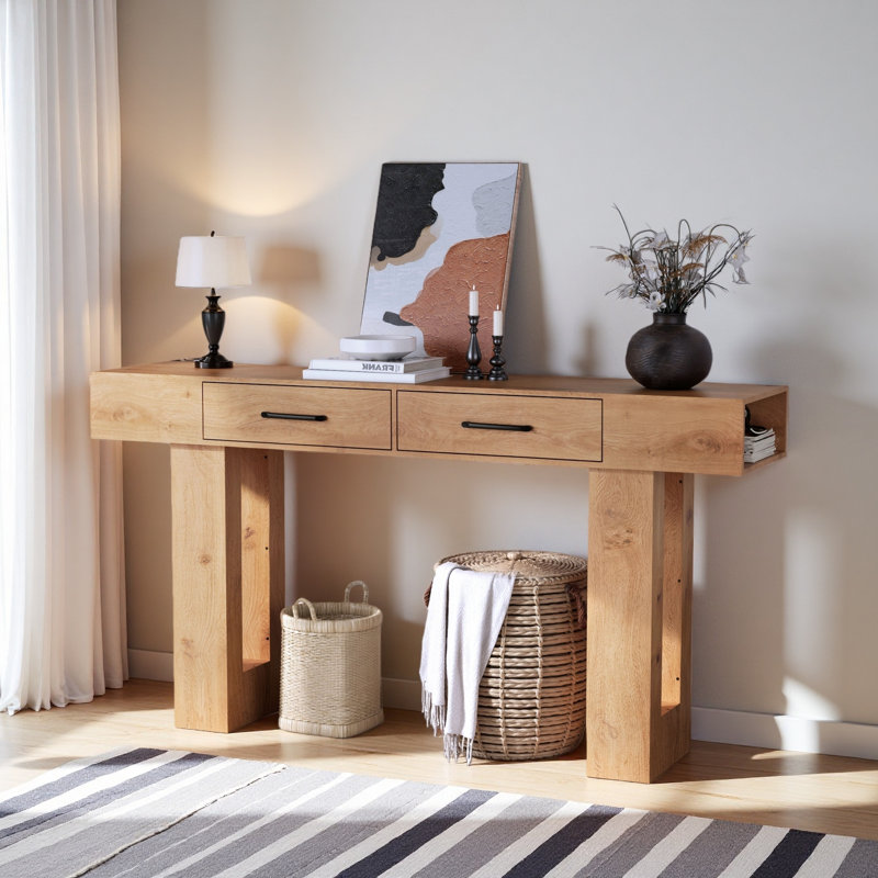 62.99-Inch Long Console Table, Wooden Rectangular Sofa Table Behind The Couch, Farmhouse Entryway Table For Entrance, Natural