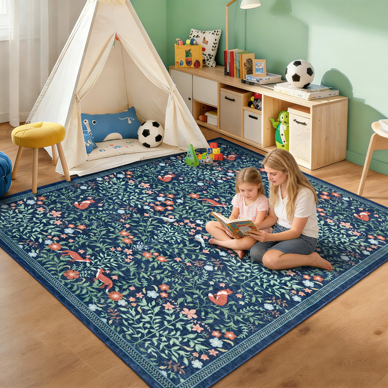 Tapis floral lavable à la machine avec envers en caoutchouc durable pour le salon, Blue, Rectangle 9' x 12'