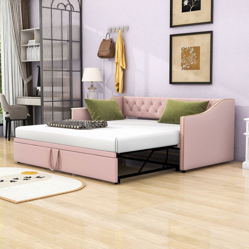 Versatile Twin Velvet Daybed with Twin Trundle, Pink