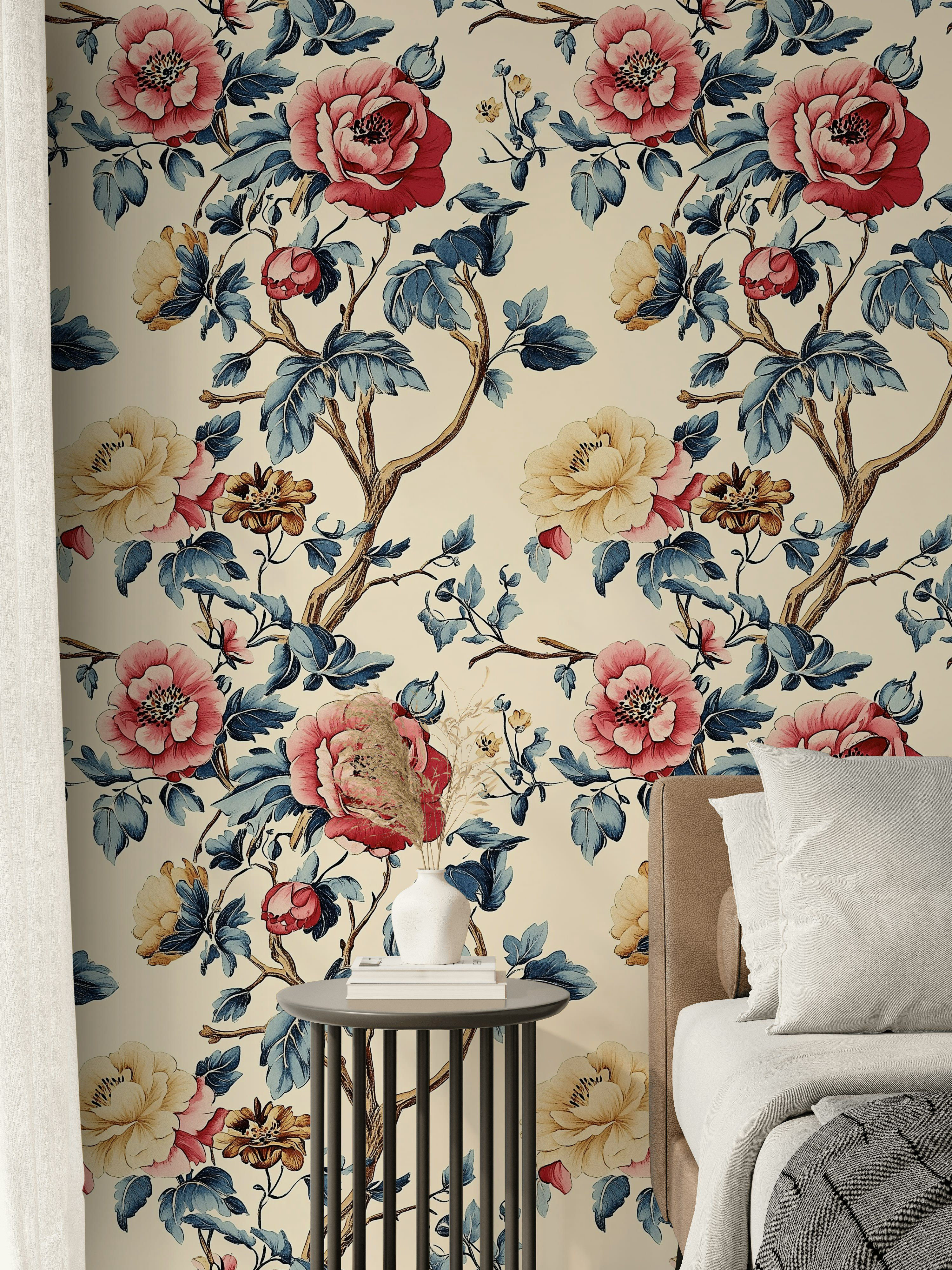 Lark Manor™ Blue & Red Florals Wallpaper Peel and Stick Jacobean Peony ...