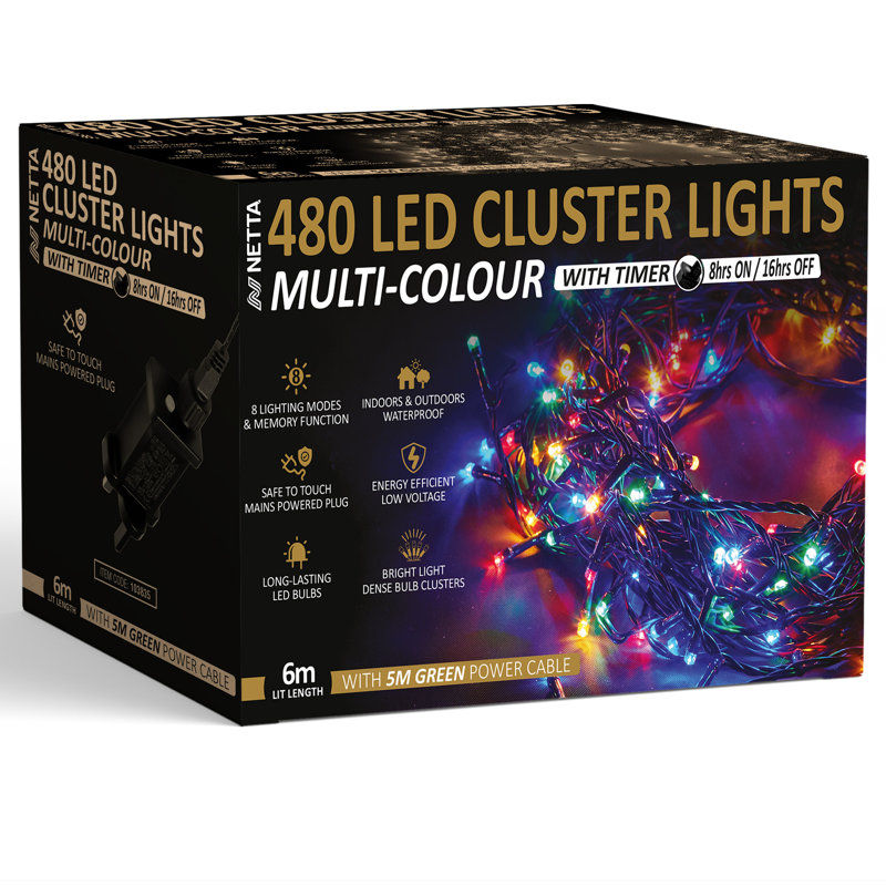 NETTA Cluster Fairy Christmas Lights - 480 LED / 6M Lit-Length, Multi-Coloured