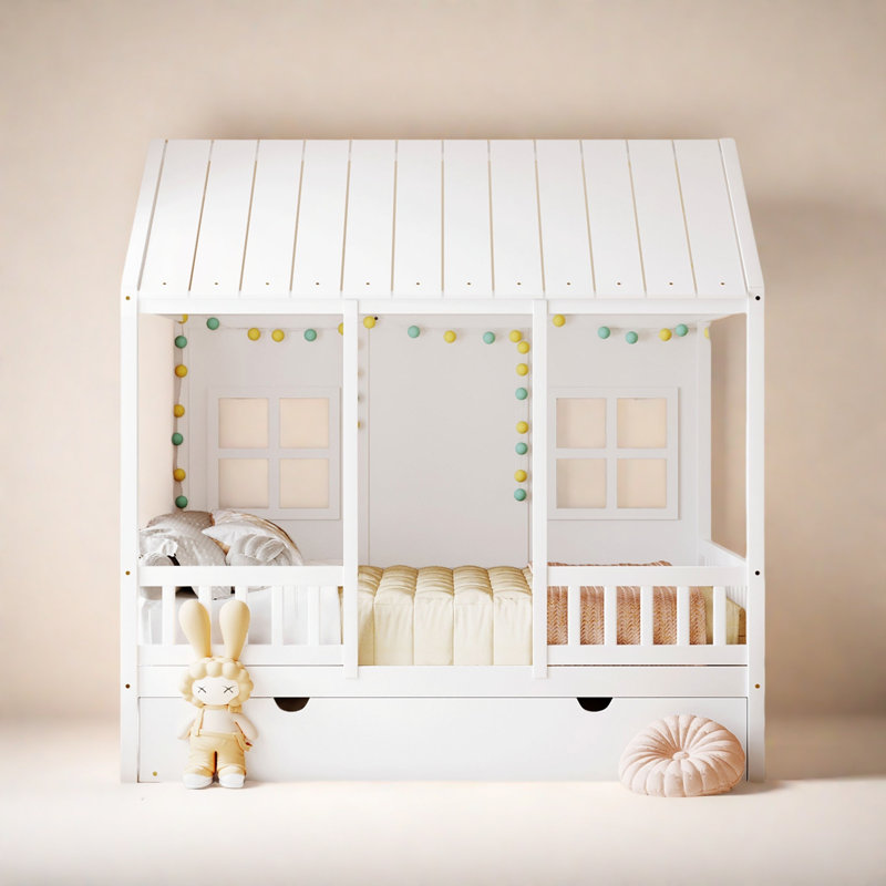 Lit en bois Wood House avec lit gigogne simple, lit de jour en bois, Lit double