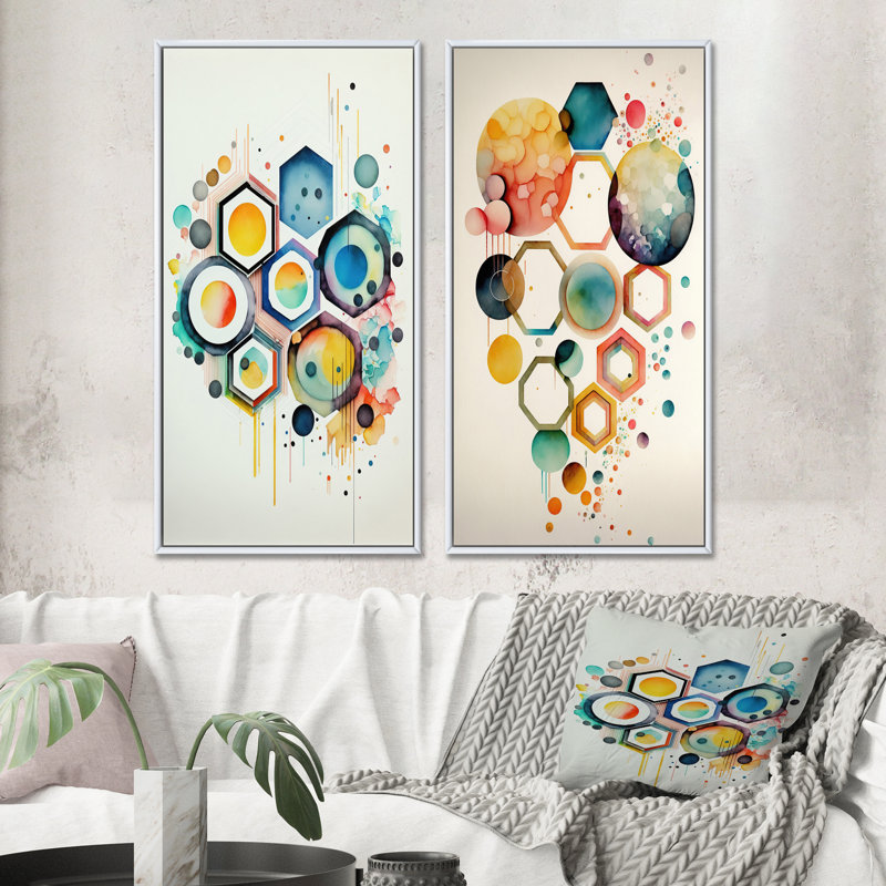 «Hexagon And Circular Abstract», 2 pièces sur toile, Cadre blanc, H 32 po x l 32 po