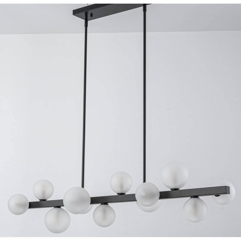 Lustre linéaire moderne en verre bullé 12 lumières à intensité variable Spoutnik, Blanc, Noir mat
