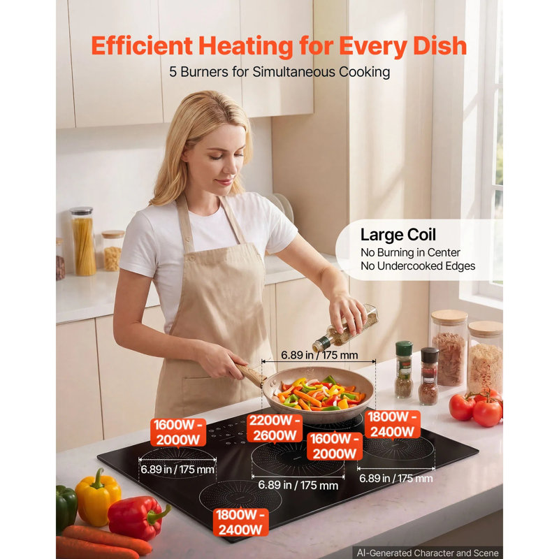 Surface de cuisson à induction, 30 po, 5 brûleurs, surface de cuisson magnétique intégrée de 9 200 W, écran tactile DEL, 9 niveaux de chauffage, 220 V