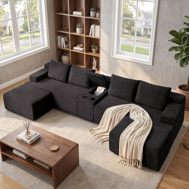 Canapé d'angle en velours côtelé sans dossier de 356 cm (140 po) avec console, 2 poufs et un confort optimal. Aucun assemblage requis.