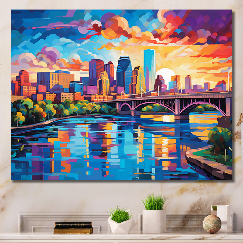 «Colorful City Minneapolis Popart I», reproduction d'art sur toile, Cadre photo noir, H 12 po x l 20 po x P 1 po