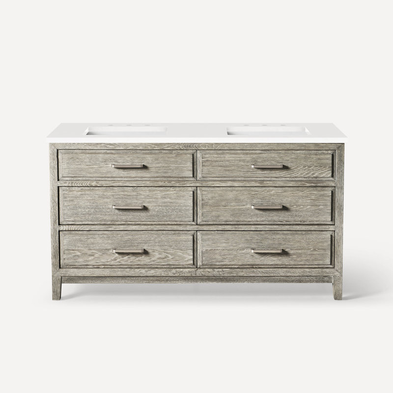 Chestnut Hill 60" Free Standing Double Bathroom Vanity, Light Gray Oak, Brushed Pewter, Pietra