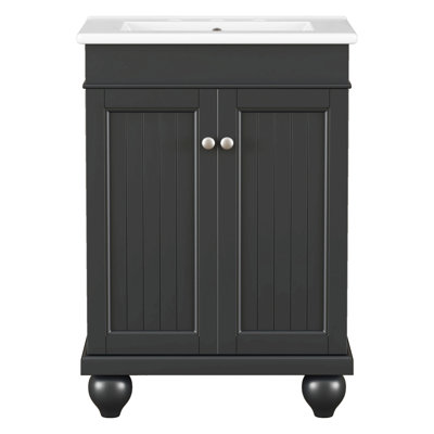 Lavabo de salle de bain moderne élégant en céramique 24 po avec cadre en bois massif, tablette réglable 24 po