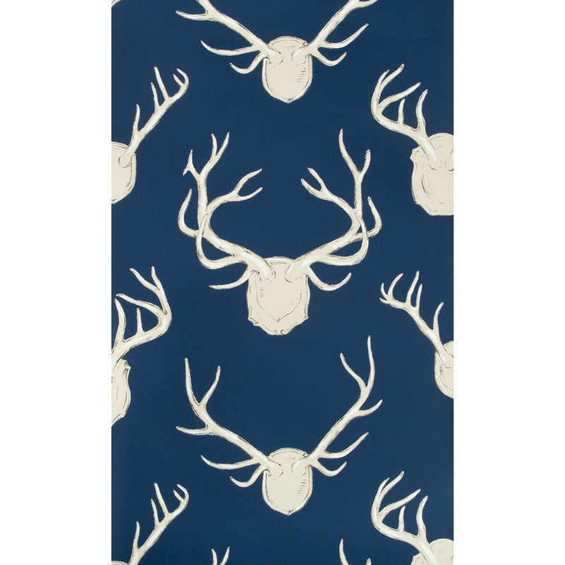 Antlers 30' L x 27" W Wallpaper Roll, Navy