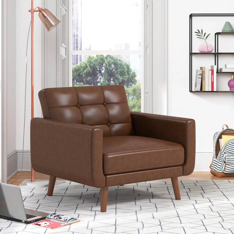 Gaige 36.61'' Wide Mid-Century Faux Leather Tufted Back Armchair With Solid Wood Legs, Brown