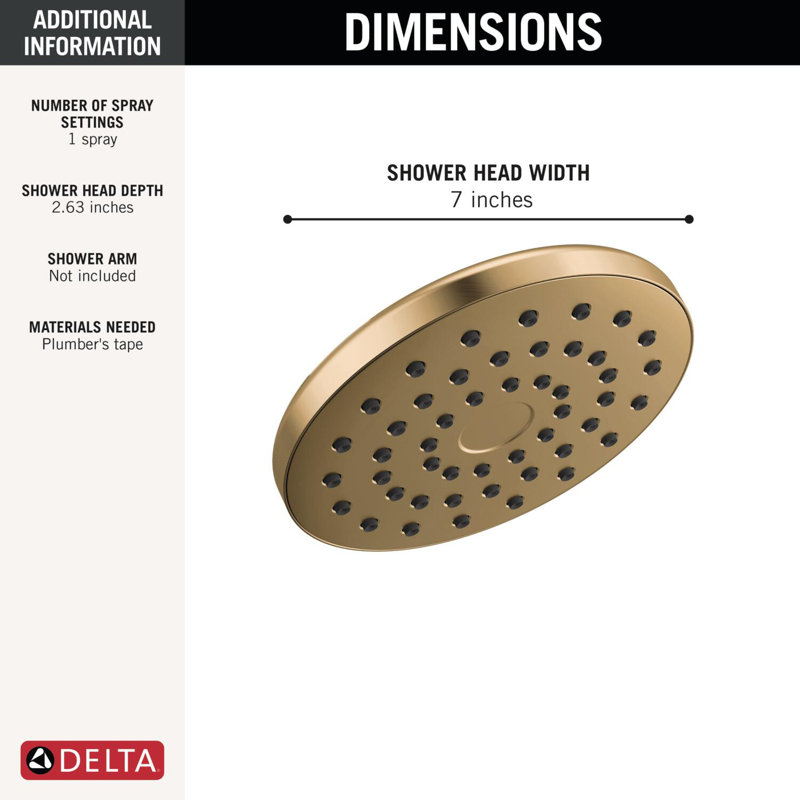 PivotPro Rain Showerhead, Single Setting 7 Inch Round Shower Head 2.5 GPM Brushed Gold, Lumicoat® Champagne Bronze, 2.5