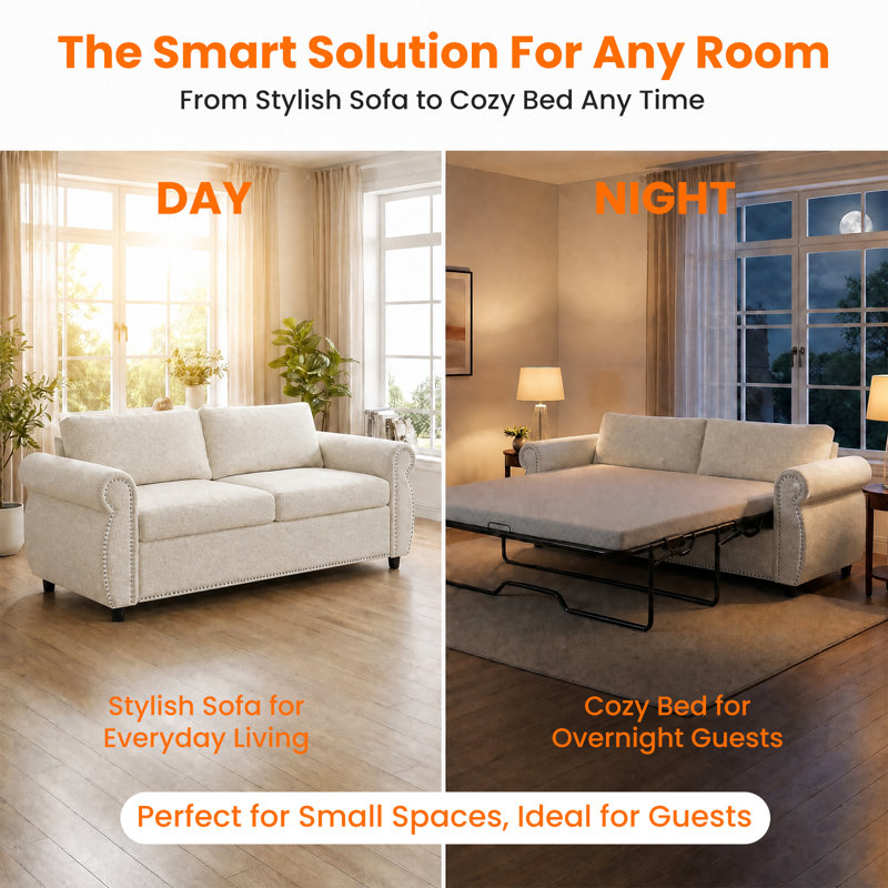 2 Seater Linen Sofa Bed, Beige, Queen