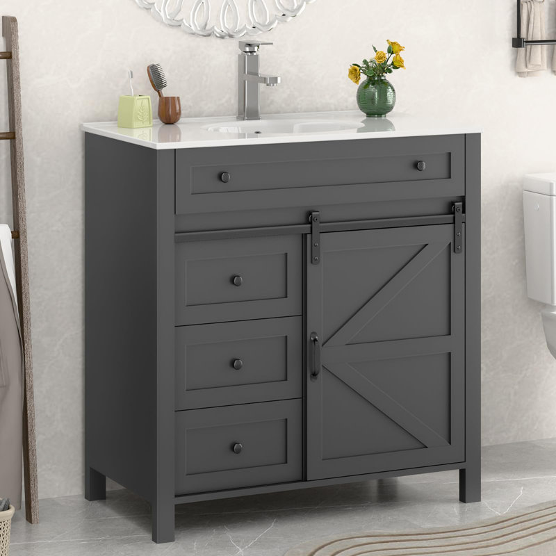 Meuble-lavabo de salle de bain avec robinet de lavabo, Gris foncé, 29"
