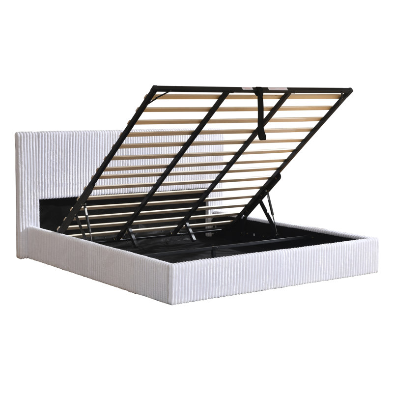 Lit plateforme tapissier hydraulique avec rangement relevable, Très grand, Blanc