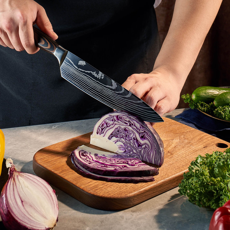 Senken Knives Senken Knives Complete 8-Piece Japanese Kitchen Knife Set With Damascus Pattern - The Imperial Collection - Japanese Chef Knife Set with Smooth Wooden Handles - Ultra Sharp for Fast Cutting