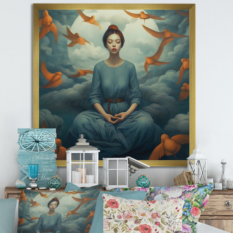 Mindfulness Gracieuse femme méditation I - impression, Cadre doré simple, H 16 po x l 16 po x P 1 po