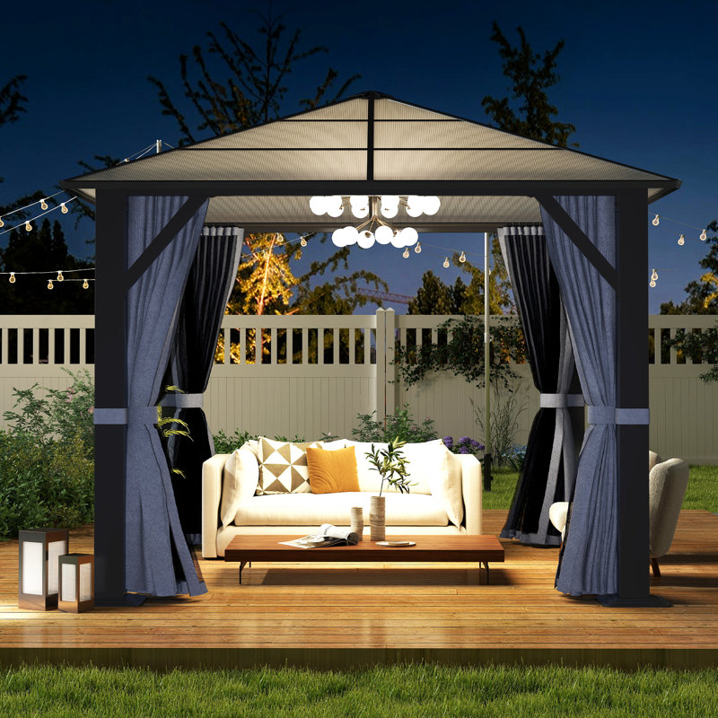 Patio Hardtop Steel Gazebo with Polycarbonate Roof, Curtains and Netting, 10' x 10', Gray