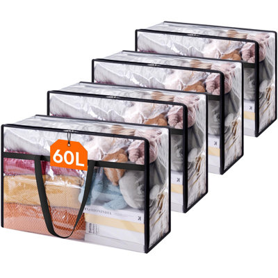 4 Pack Clear Clothes Storage Bags, 60L Plastic Blanket Storage Bag, Vinyl Foldable Moving Bags With Zipper, Closet Organizers And Storage Containers For Bedding, Duvet, Comforter