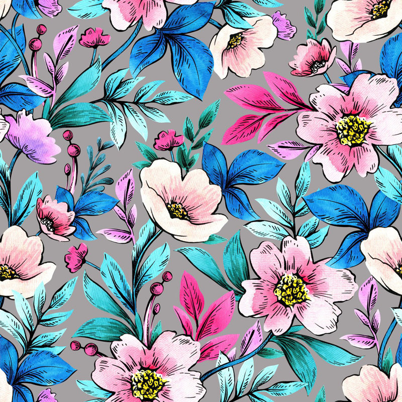 Grey Wallpaper With Pink Flowers, 8.33' L x 100" W