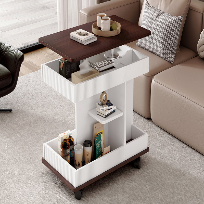 Table de bout avec roulettes, table d'appoint moderne multifonctionnelle avec plateau relevable, plateau tournant à 360 ° et espace de rangement