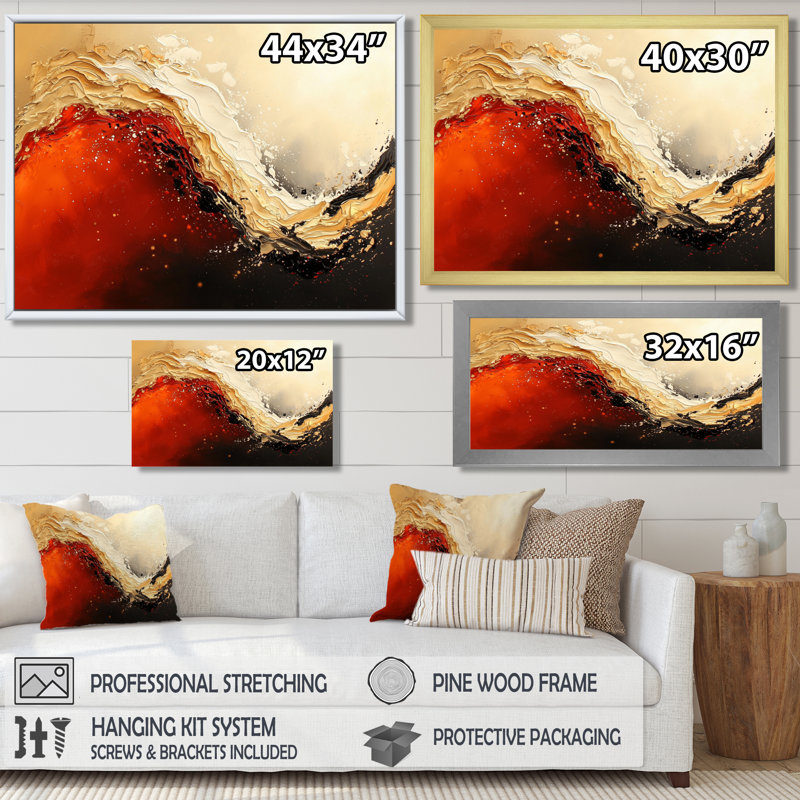 «Red and Golden Desert Wave I», impression d'art mural abstrait, H 12 po x l 20 po, Doré