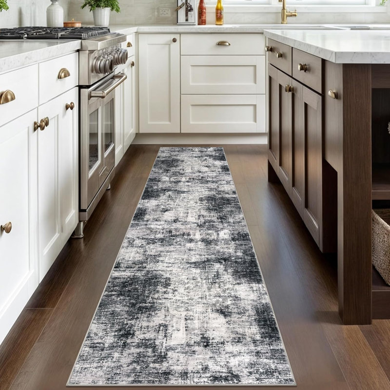Tapis de cuisine abstrait lavable, Tapis de couloir 2 pi x 8 pi, Noir / gris / blanc