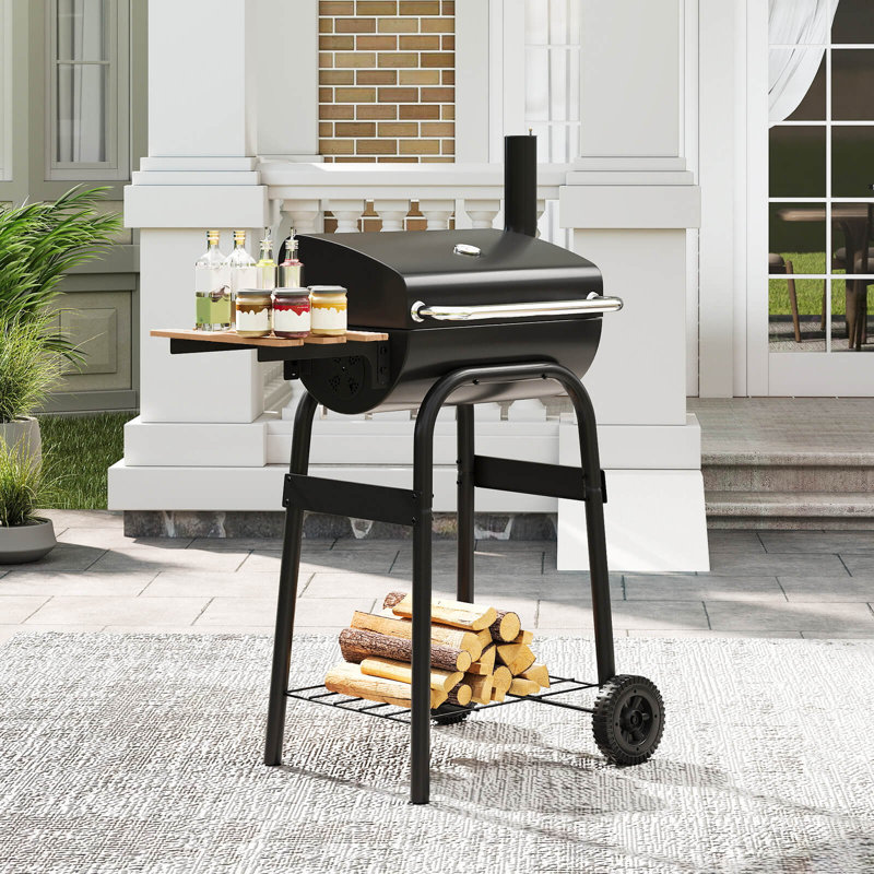 Gril au charbon Barrel avec table d'appoint pliable, thermomètre intégré et tablette de rangement