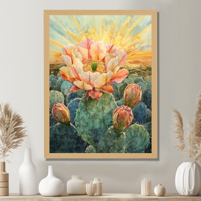 Cactus rose et vert baigné de soleil II - Tableau encadré